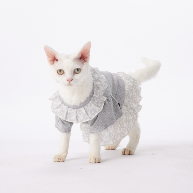 LUXE Series New Pet Cloth Classic Grey Lace Pleated Dress - Pet Princess-style Clothing
